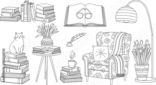 Black and white of books cat chair lamp and plants