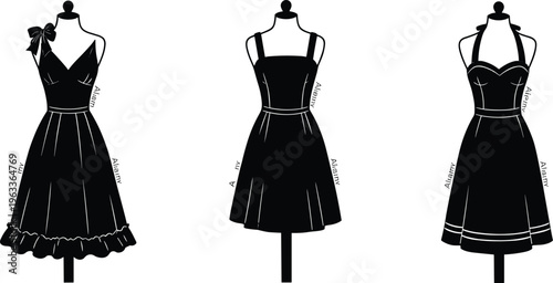 Fashion dress silhouette vector set, elegant women’s clothing illustration, stylish retro outfit design, boutique mannequin artwork, vintage apparel collection, feminine style design