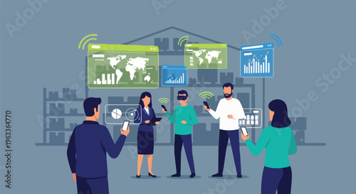 Digital Transformation in Logistics: Professionals engaging with smart warehouse management, data analytics, and AR/VR technology for optimized supply chain.