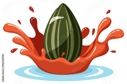 Stylized sunflower seed dropping into a vibrant red liquid splash with blue ripples