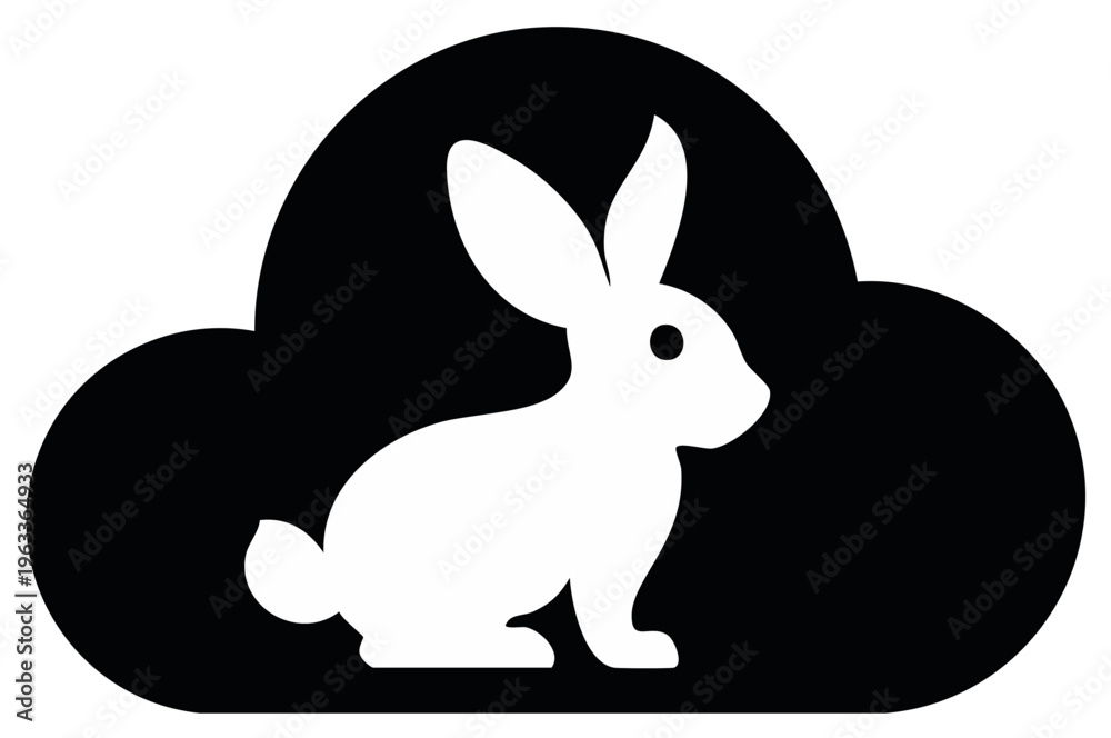 Obraz premium Black and white illustration of a rabbit inside a cloud shape.