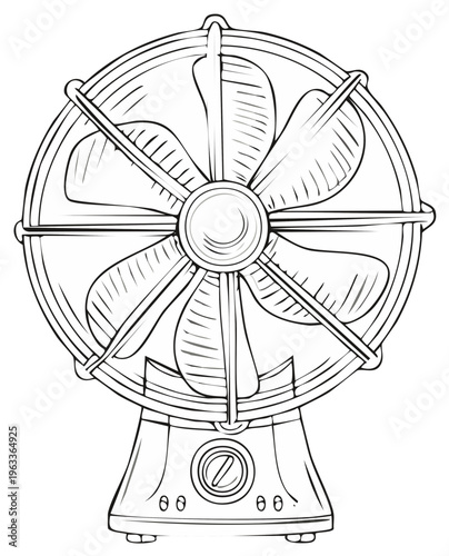 Retro metal fan outline illustration with vintage style and a control knob on the base in detailed line art