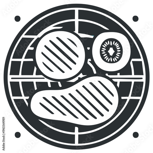 Monochrome illustration showing grilled steak burger and kiwi fruit slice on a barbecue grate for outdoor cooking