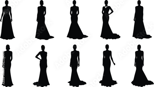 Elegant woman silhouettes in evening gowns, fashion model vector illustration, stylish female poses, glamour dress collection, beauty design elements, runway icons, lifestyle art