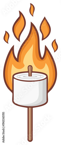 Illustration of a white marshmallow on a stick being roasted over a campfire