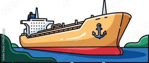 Large yellow oil tanker with a prominent anchor symbol sits afloat on blue water near stylized green banks.