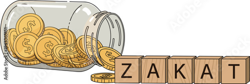 Vector illustration of tipped glass jar spilling coins with dollar symbols beside wooden blocks spelling ZAKAT, symbolizing Islamic charity and almsgiving.