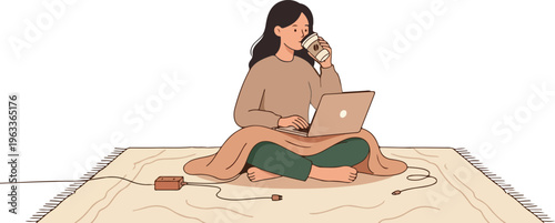Freelance woman working on laptop on rug with coffee