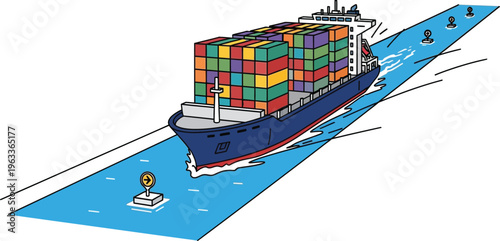 Massive container ship loaded with colorful freight boxes travels through a bright blue shipping canal marked by navigational buoys.