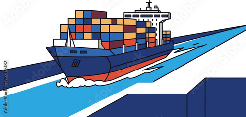 Massive container ship navigates a narrow canal exit bordered by concrete structures under a bright sky.