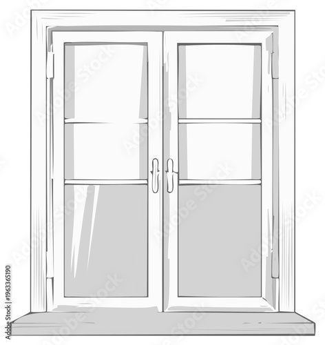 Simple sketch of a double window with glass panes and door handles