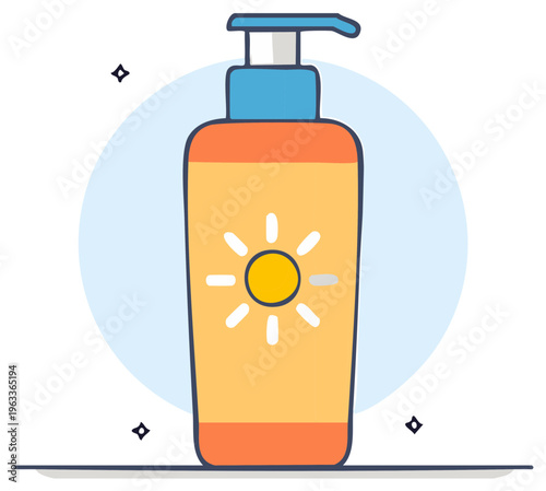 Sunscreen bottle icon illustration in trendy line art style emphasizing summer skin care protection and essential outdoor health