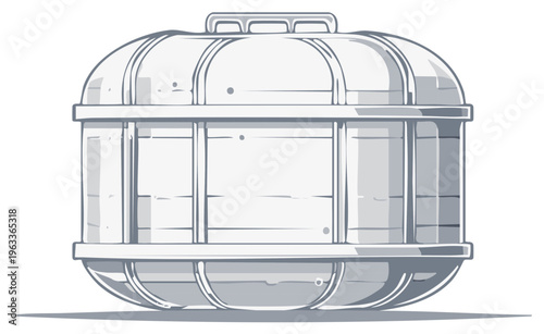 Retro styled cylindrical water tank with wooden plank details and metal banding, vintage industrial design