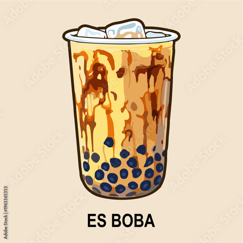 Vector Illustration of Indonesian Es Boba Gula Aren (Brown Sugar Bubble Tea) with Tapioca Pearls and Ice in a Plastic Cup on Cream Background