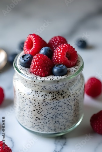 Layered parfait dessert with berries, yogurt, granola, and chia seed pudding, macro shot.