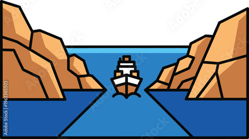 Vessel navigates a narrow channel between two towering brown rock formations on the open sea.