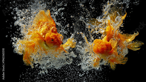 A vibrant goldfish mid-leap, frozen in time against a dark aquatic backdrop with sparkling droplets. wildlife magazines.