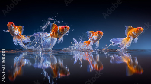 A vibrant goldfish mid-leap, frozen in time against a dark aquatic backdrop with sparkling droplets. wildlife magazines.