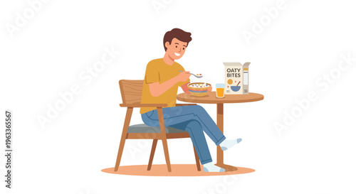 Happy young man eating cereal breakfast at table