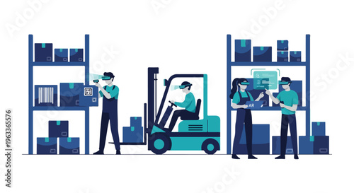 Augmented reality workers managing inventory in a smart warehouse, optimizing logistics and supply chain operations with modern technology and digital tools.