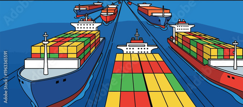 Multiple massive container ships move in opposite directions along a busy, crowded sea lane illustrating complex global shipping routes and congestion.