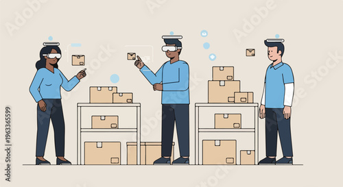 Futuristic warehouse operations with diverse team members utilizing VR/AR headsets for efficient inventory management and supply chain optimization.
