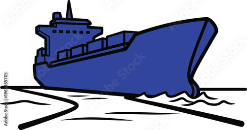 Stylized blue cargo freighter cuts through dark water, representing the concept of maritime logistics and international freight movement.