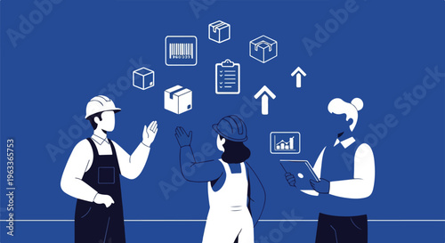 Team of workers collaborating on logistics and supply chain management with icons representing packages and data