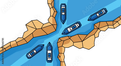 Aerial view illustrates five boats maneuvering through a narrow, rocky passage or canal intersection with clear navigational challenges.