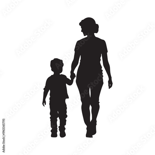 Mom and son walk forward holding hands. Mother-son relationship, trust. Isolated vector silhouette