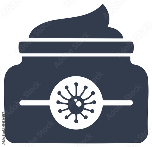 Cream jar with virus bacteria germ icon symbol for antimicrobial skin care product