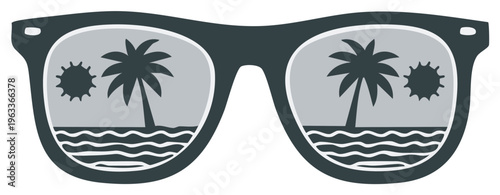 Sunglasses reflecting a tropical island beach scene with palm trees and sun