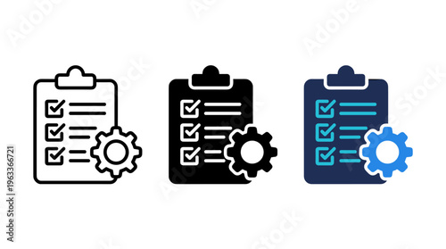 Project checklist icon with gear symbol. Task management and workflow control concept for business planning, process execution, productivity systems and project management interfaces.