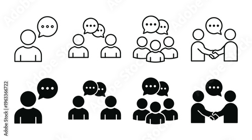 Communication icon set showing people talking, group discussion and collaboration. Vector icons for business communication, teamwork, meetings, negotiation, social interaction and user interfaces.
