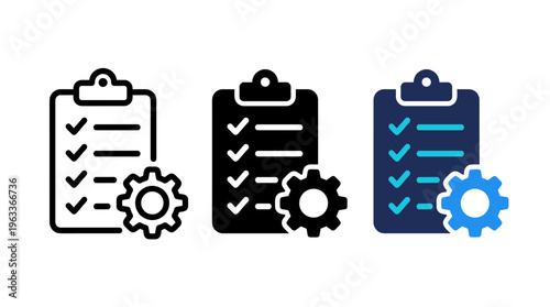Project checklist icon with gear symbol. Task management and workflow control concept for business planning, process execution, productivity systems and project management interfaces.