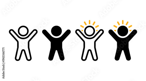 Happy person icon with raised arms. Joyful human figure pictogram. Success, celebration and positive emotion concept for business, achievement, motivation and user interface design.