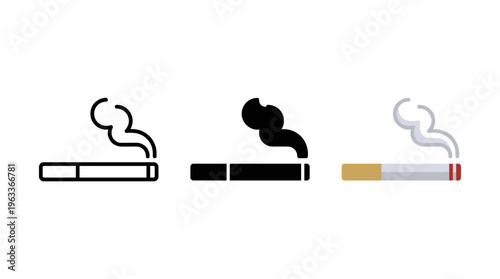 Cigarette icon. Smoking cigarette with smoke symbol. Tobacco product illustration for health, addiction and smoking concept. Nicotine use and smoking habit pictogram for medical or warning context.