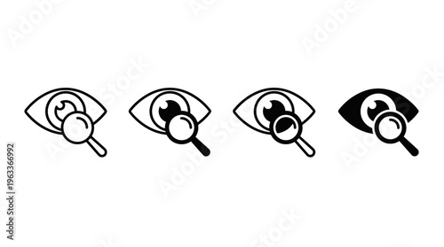 Eye search icon. View and visibility symbol with magnifying glass. Watching, scanning and visual inspection concept for user interface and navigation systems. UI element for search and content viewing
