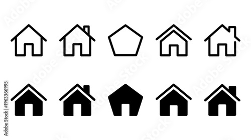 Web home icon set for websites and apps. Simple house symbol. Flat real estate sign. Main page pictogram in filled, thin line, outline and stroke style. Isolated illustration.