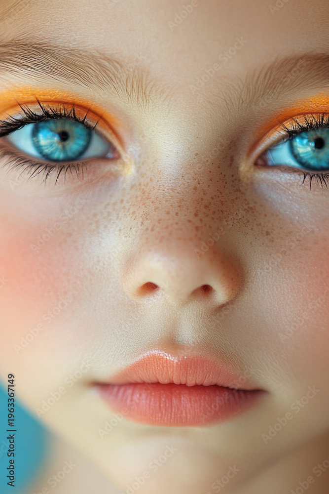 Fototapeta premium A young child's face with bright blue eyes, ideal for illustrating childhood innocence and curiosity