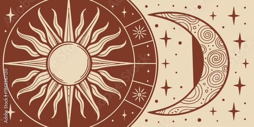 This beautiful illustration features a detailed bohemian sun and moon with celestial elements and an astrological aesthetic, perfect for spiritual designs.