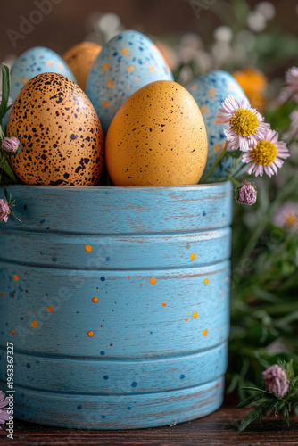 A blue vase filled with eggs sits on top of a wooden table