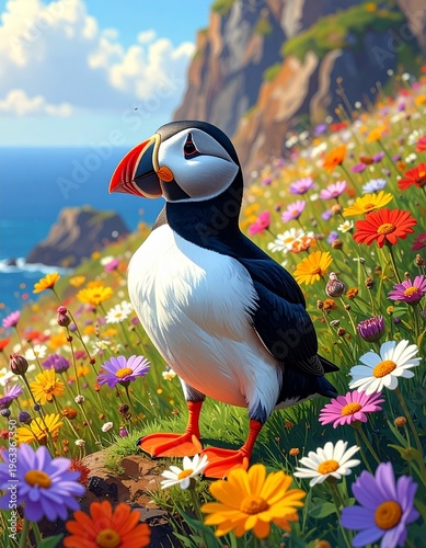 Papageitaucher im Blumenfeld