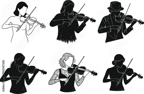 Elegant violinists performing with different styles, including various poses, fashion, and tattoo designs, perfect for music and art-themed vector illustrations.