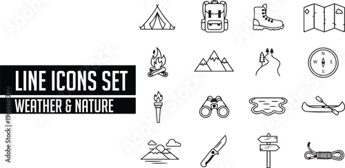 Camping and outdoor line icons set, nature, adventure, hiking, travel, survival vector icons