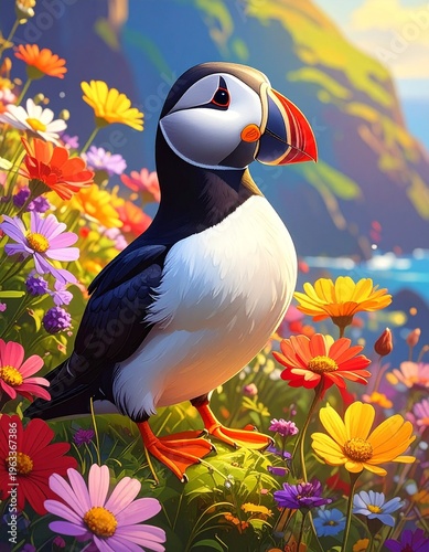 Papageitaucher im Blumenfeld