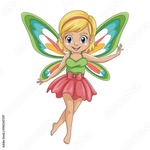 A cheerful cartoon fairy with colorful wings and a pink skirt