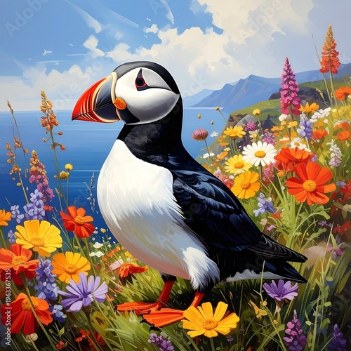 Papageitaucher im Blumenfeld