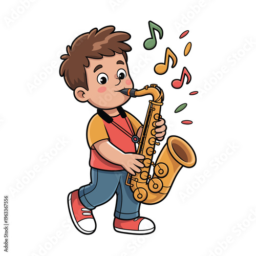 A young boy playing a saxophone with colorful musical notes
