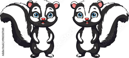 Cute cartoon skunks standing together, funny black and white woodland animals with big tails, adorable forest wildlife vector illustration for kids, animal design
